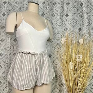 Altr’d State White Cami Striped Linen Blend Ruffle Waist Romper Size Small